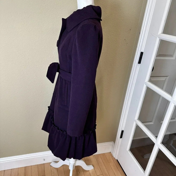 BANANA USA Fur Collar Purple Lined Coat Jacket w Ruffle Tie Belt Size Large - Picture 8 of 16